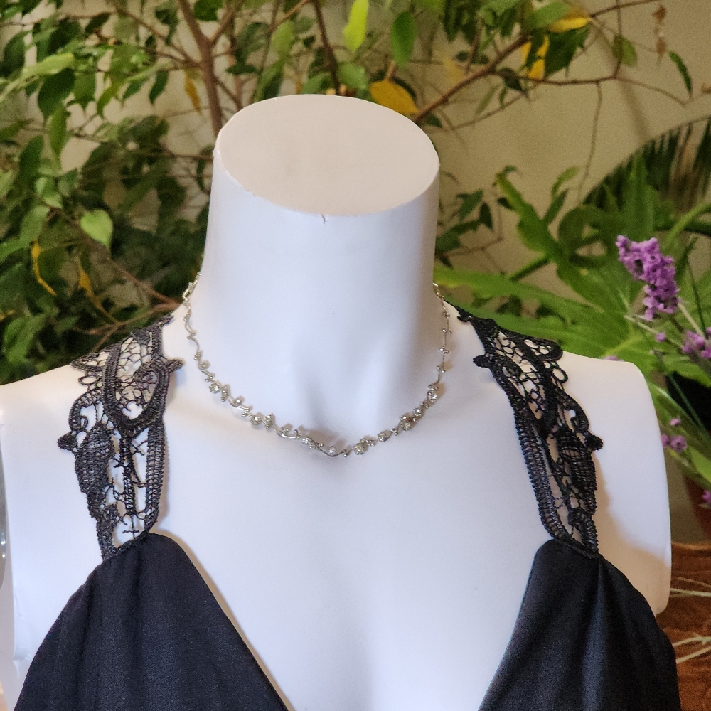 Silver Toned Link Ball Beaded Collar Choker Necklace With Rhinestones